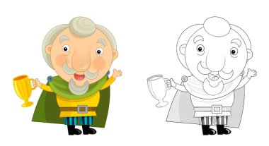 Kral Şövalye 'nin ayakta durduğu ve beyaz arka planda bir şeyler yaptığı çizgi film sahnesi - çocuklar için illüstrasyon