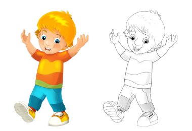 Beyaz arka planda mutlu çocuk olan çizgi film skeç sahnesi - çocuklar için resimleme