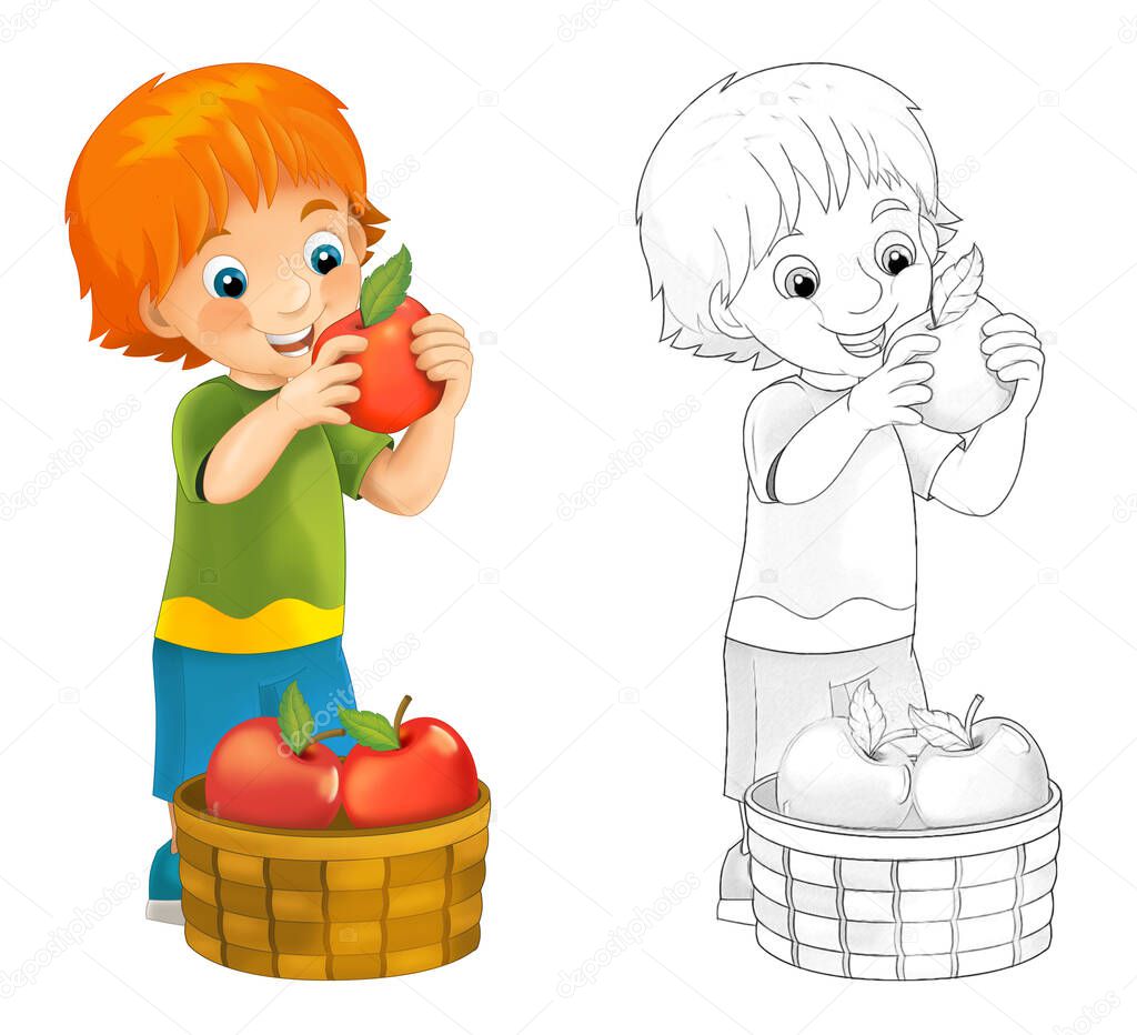 cartoon sketch scene with happy child on white background - illustration for children
