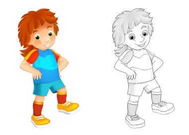 Futbolcu kızın beyaz arka planda olduğu çizgi film sahnesi - çocuklar için illüstrasyon