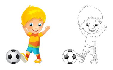 Futbolcu çocuğun beyaz arka planda olduğu çizgi film sahnesi - çocuklar için illüstrasyon