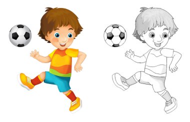 Futbolcu çocuğun beyaz arka planda olduğu çizgi film sahnesi - çocuklar için illüstrasyon