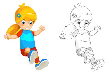 Futbolcu kızın beyaz arka planda olduğu çizgi film sahnesi - çocuklar için illüstrasyon