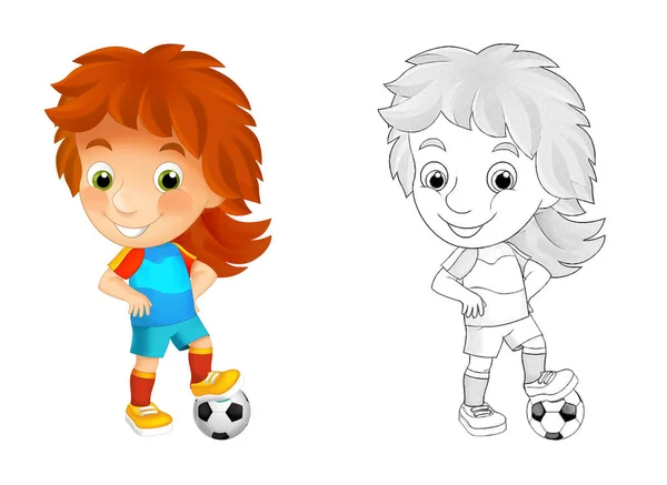 Καρτούν Σκηνή Κορίτσι Ποδοσφαίρου Λευκό Φόντο Εικονογράφηση Για Παιδιά — Φωτογραφία Αρχείου