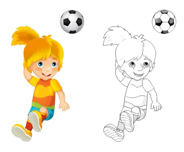 Cartoonszene Mit Fußballmädchen Auf Weißem Hintergrund Illustration Für Kinder — Stockfoto
