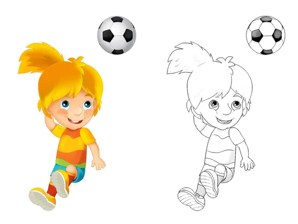 Καρτούν Σκηνή Κορίτσι Ποδοσφαίρου Λευκό Φόντο Εικονογράφηση Για Παιδιά — Φωτογραφία Αρχείου