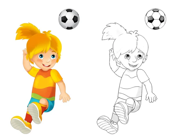 Cartoon Scene Met Voetbal Voetbal Meisje Witte Achtergrond Illustratie Voor — Stockfoto