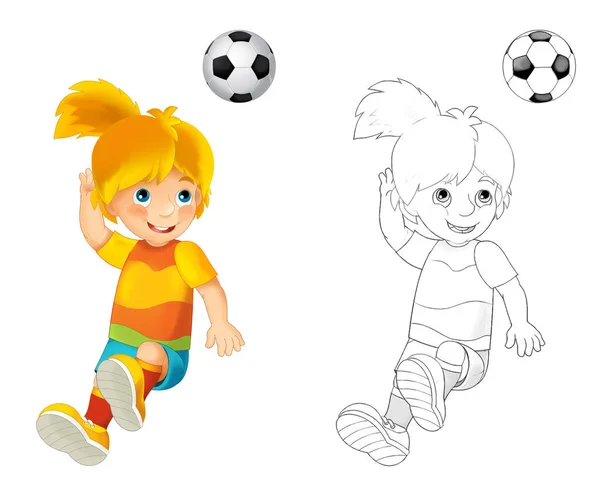 Cartoon Scene Met Voetbal Voetbal Meisje Witte Achtergrond Illustratie Voor — Stockfoto