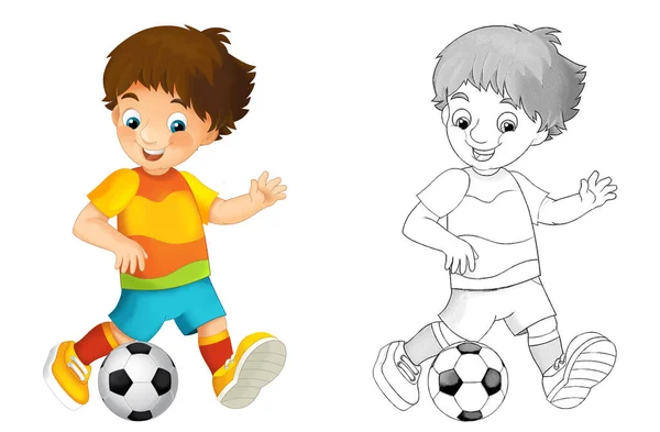 Cena Dos Desenhos Animados Com Futebol Menino Fundo Branco Ilustração — Fotografia de Stock