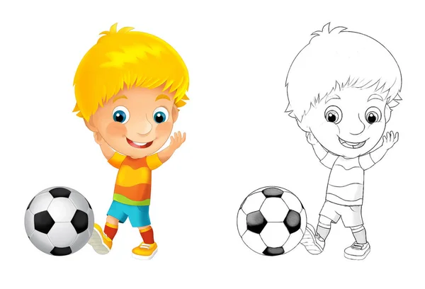 Escena Dibujos Animados Con Fútbol Niño Sobre Fondo Blanco Ilustración — Foto de Stock