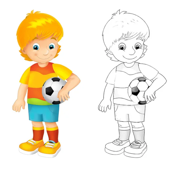 Cartoonszene Mit Fußballjungen Auf Weißem Hintergrund Illustration Für Kinder — Stockfoto