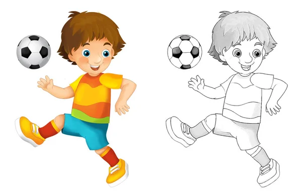 Cartoonszene Mit Fußballjungen Auf Weißem Hintergrund Illustration Für Kinder — Stockfoto