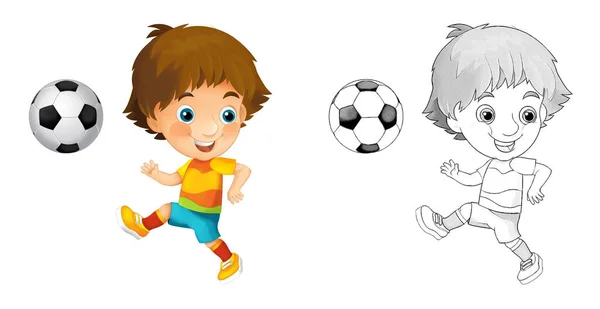 Scena Kreskówek Piłką Nożną Chłopiec Białym Tle Ilustracja Dla Dzieci — Zdjęcie stockowe