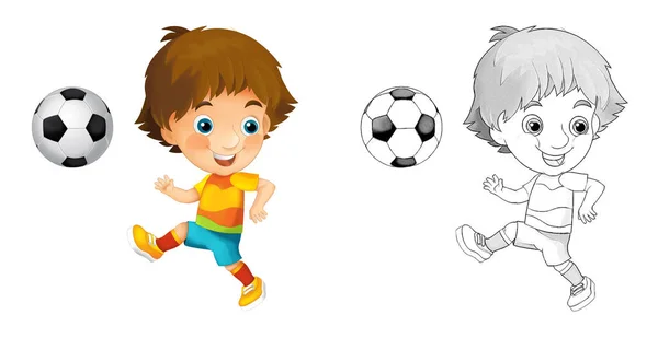 Cartoonszene Mit Fußballjungen Auf Weißem Hintergrund Illustration Für Kinder — Stockfoto