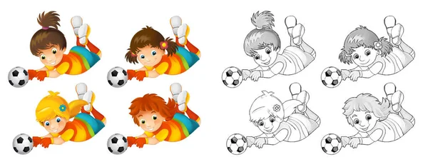 白い背景にサッカー女子との漫画シーン イラスト 子供向けイラスト — ストック写真