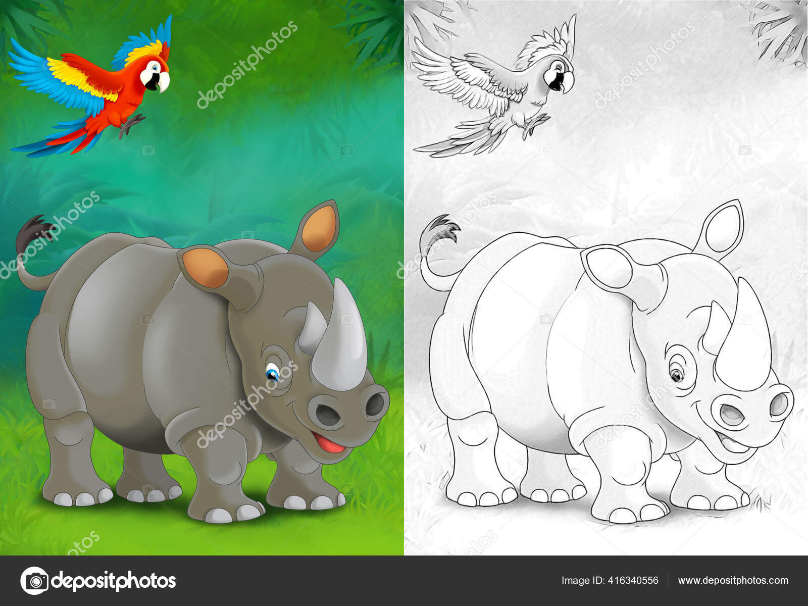Cartoon Sketch Scene Rhino Rhinoceros Forest Illustration Children Stock  Photo by ©agaes8080 416340556