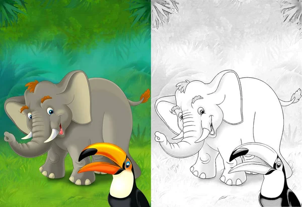 Cartoon Schets Scène Met Olifant Het Bos Illustratie Voor Kinderen — Stockfoto