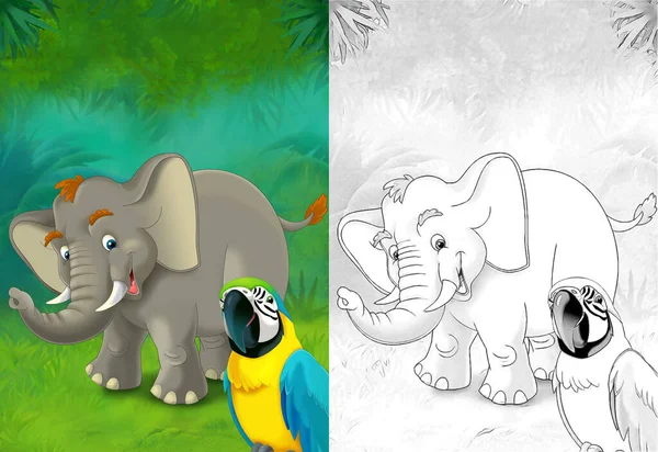 Cartoon Schets Scène Met Olifant Het Bos Illustratie Voor Kinderen — Stockfoto