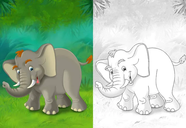 Sarjakuva Luonnos Kohtaus Elefantti Metsässä Kuva Lapsille — kuvapankkivalokuva