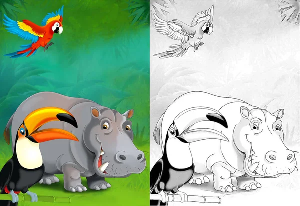 Zeichentrick Sketch Szene Mit Nilpferd Wald Illustration Für Kinder — Stockfoto