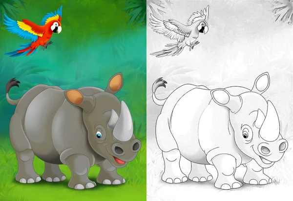 Tecknad Skiss Scen Med Noshörning Noshörning Skogen Illustration För Barn — Stockfoto