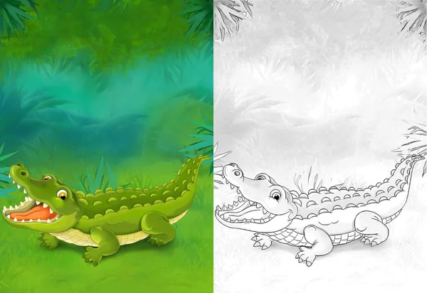 Rajzfilm Vázlat Jelenet Aligátor Krokodil Erdőben Illusztráció Gyerekeknek — Stock Fotó