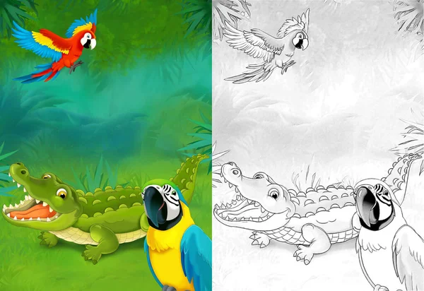 森林中鳄鱼的卡通画场景 儿童图解 — 图库照片