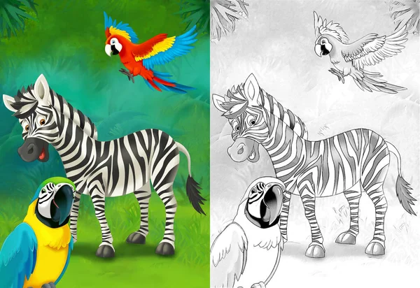 Cartoon Schets Scène Met Zebra Het Bos Illustratie Voor Kinderen — Stockfoto