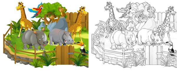 Scena Dei Cartoni Animati Con Recinto Dello Zoo Con Diversi — Foto Stock