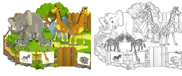 Scena Kreskówek Ogrodzeniem Zoologicznym Różnymi Zwierzętami Ilustracja Dla Dzieci — Zdjęcie stockowe
