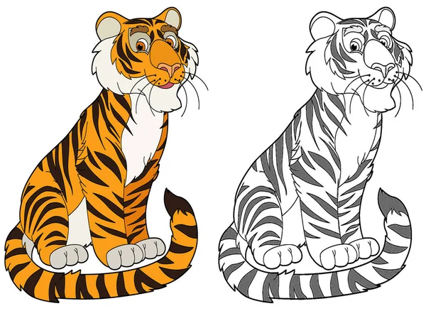 cartoon sketch scene with tiger cat on white background - illustration for children