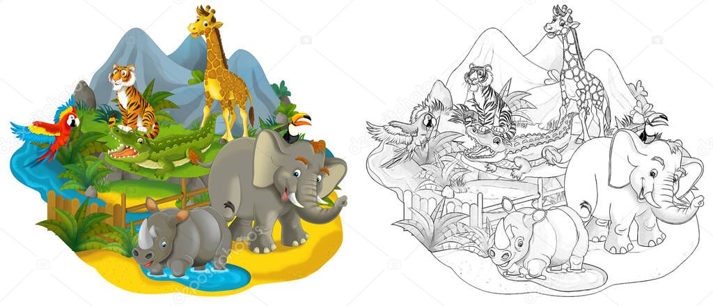 cartoon scene with zoo enclosure with different animals - illustration for children