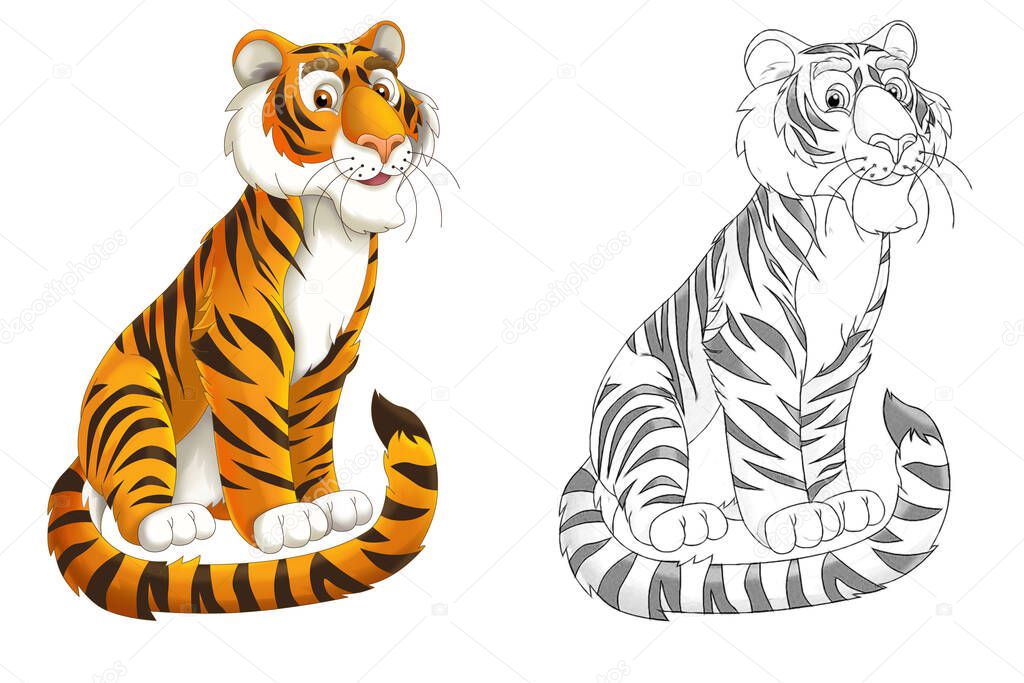 cartoon sketch scene with tiger cat on white background - illustration for children