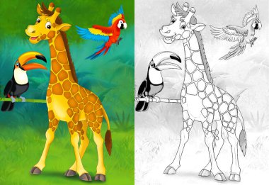 cartoon sketch scene with giraffe in the forest - illustration for children