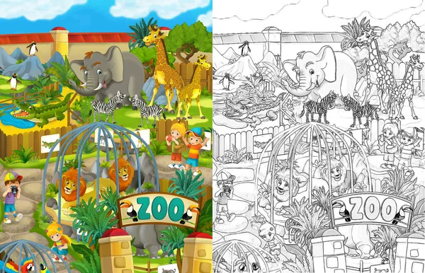 Cartoon zoo scene with sketch amusement park illustration for children