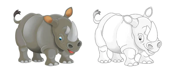 Kreslená Kreslená Scéna Nosorožcem Náčrtem Bílém Pozadí Ilustrace Pro Děti — Stock fotografie