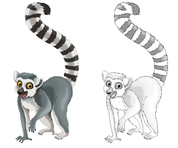 Desenho Animado Cena Feliz Com Esboço Lemur Animal Ilustração Para — Fotografia de Stock