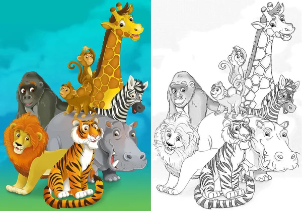 Ormanda Farklı Hayvanat Bahçesi Hayvanlarının Olduğu Karikatür Sahnesi Çocuklar Için — Stok fotoğraf