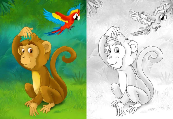 Dessin Animé Scène Avec Singe Singe Dans Forêt Illustration Pour — Photo