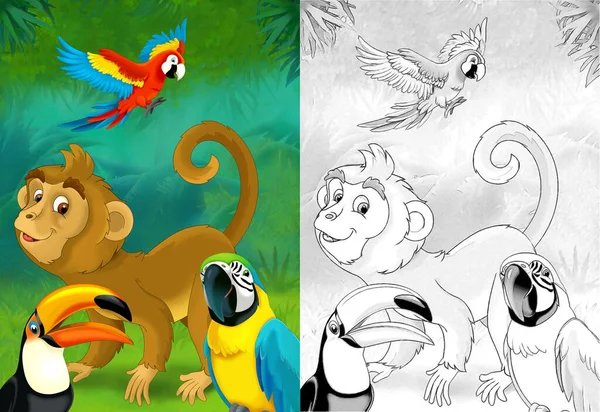Ormanda Maymun Maymunu Olan Karikatür Sahnesi Çocuklar Için Illüstrasyon — Stok fotoğraf