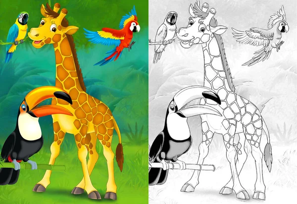 Kreslená Kreslená Scéna Žirafou Lese Ilustrace Pro Děti — Stock fotografie