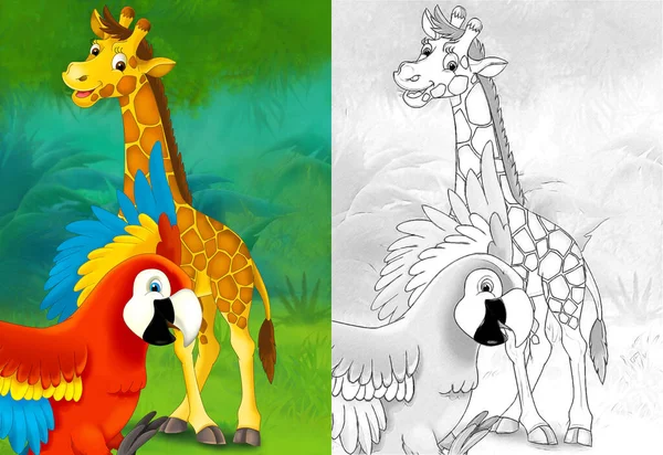Dessin Animé Scène Croquis Avec Girafe Dans Forêt Illustration Pour — Photo