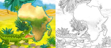 Oasis Timsah 'ın vahşi hayvanın çizdiği karikatür sahnesi. Çocuklar için çizim.