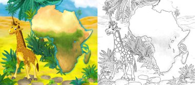 Vaha zürafasının vahşi hayvanlı çizim sahnesi - çocuklar için illüstrasyon