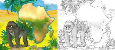 Maymun maymun gorilin vahşi hayvanın çizdiği karikatür sahnesi. Çocuklar için illüstrasyon.