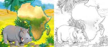 Su aygırı suaygırı tarafından vahşi hayvanın çizildiği karikatür sahnesi - çocuklar için resim