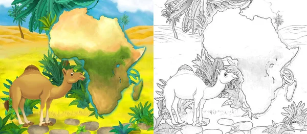 Bosquejo Dibujos Animados Con Animales Salvajes Por Camello Oasis Ilustración —  Fotos de Stock