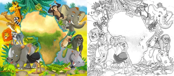 Desenho Animado Cena Com Animais Selvagens Por Oásis Ilustração Para — Fotografia de Stock