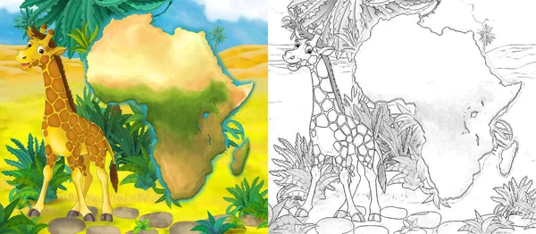 Cartoon Schets Scène Met Wild Dier Door Oase Giraffe Illustratie — Stockfoto