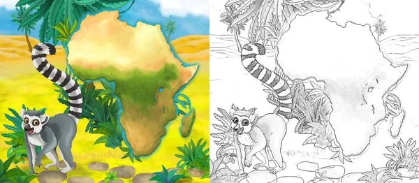 绿洲狐猴与野生动物的卡通画场景 儿童图解 — 图库照片